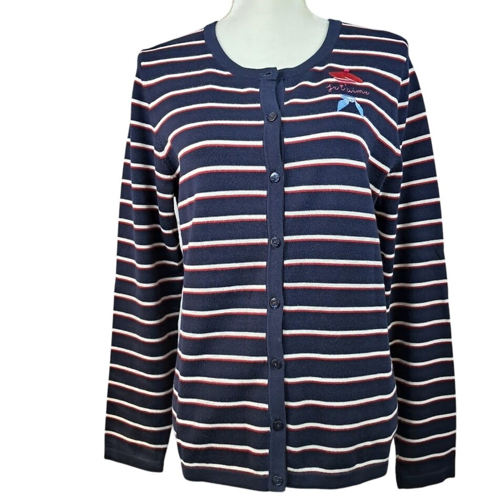 TALBOTS M J'taime Embroidered Navy Red White‎ Striped Cardigan Sweater Paris